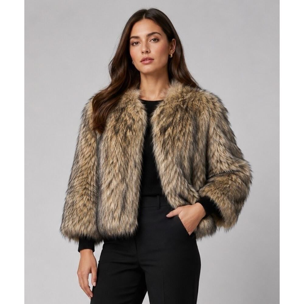 Michael Kors Faux Fur Jacket Medium Hook Eye Closure Brown Taupe Coat